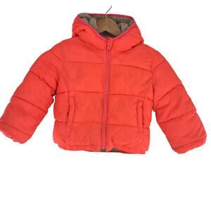 GAP Kids Girls Recycled Puffer Jacket Sherpa Lined Hooded Winter Cozy Coral XS